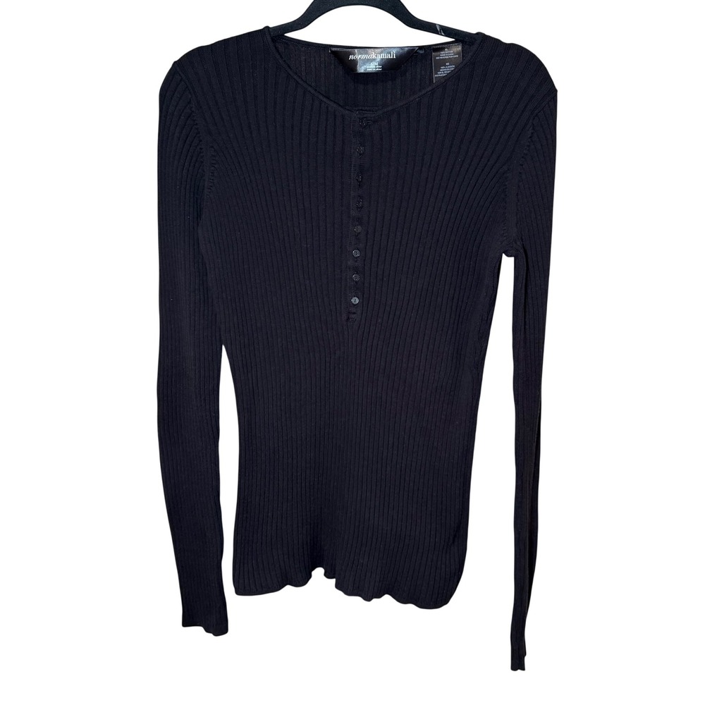 Norma Kamali Cotton Ribbed Long Sleeve Henley Sweater Black Size XL‎